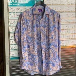 TALLIA - Mens L 16.5 Blue. Peach. Paisley. White. Button down.